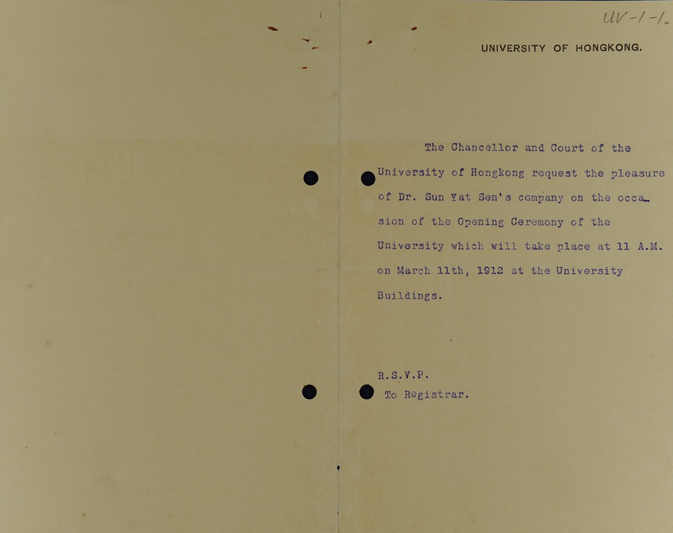 Letter to Dr Sun Yat-sen from the University of Hong Kong,1912.  <br>The Museum of Dr. Sun Yat-sen collection
