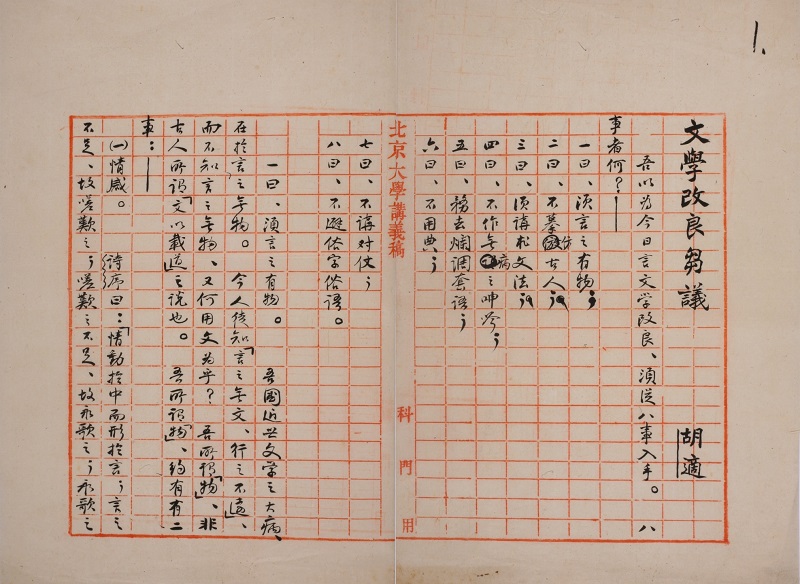 Hu Shih's Wenxue Gailiang Chuyi (Preliminary Discussion on Literature Reform) copied by Qian Xuantong in 1920. Collection of Beijing Lu Xun Museum